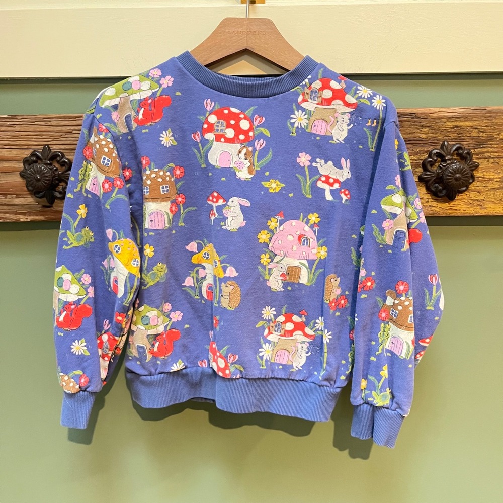 Mini Boden Kids Blue Woodland Mushroom House Bunny Sweatshirt 7-8Y Pullover